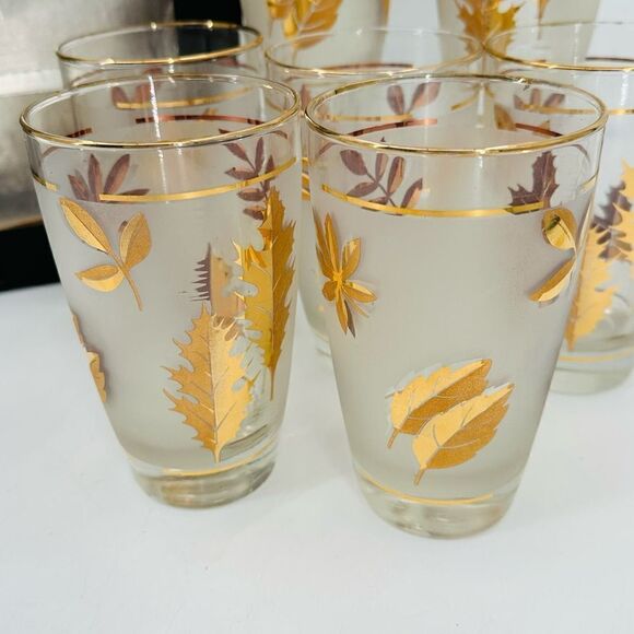 7 Vintage 60s Libbey Frosted Gold Autumn Leaves High Ball Water Glasses NIB MCM - Picture 3 of 14